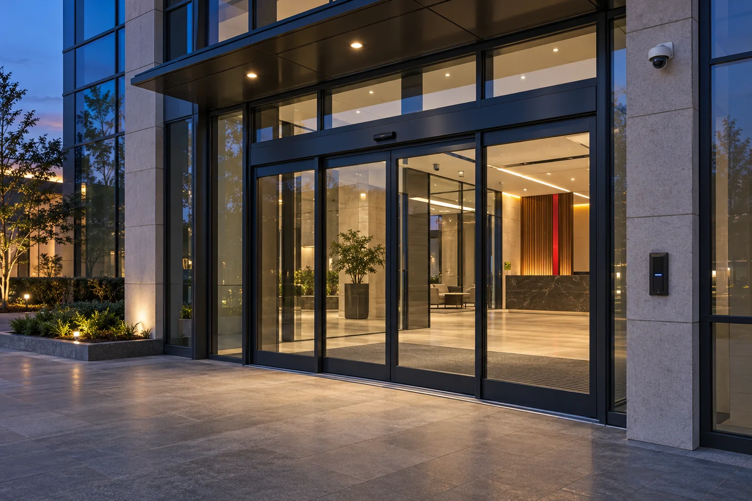 Illustration of a modern commercial glass entrance with automatic doors, a wall access reader and a security camera